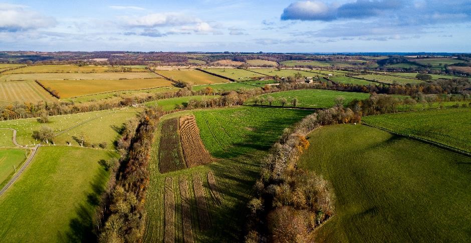 An aerial image of the Cotswolds showing fields, woodland, and blue skies