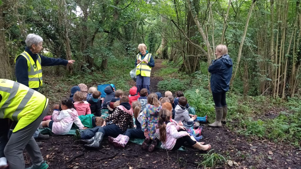 Photo of the childre sat among trees in a wooded section of Greystones Nature Reserve intently listening to one of the instructors