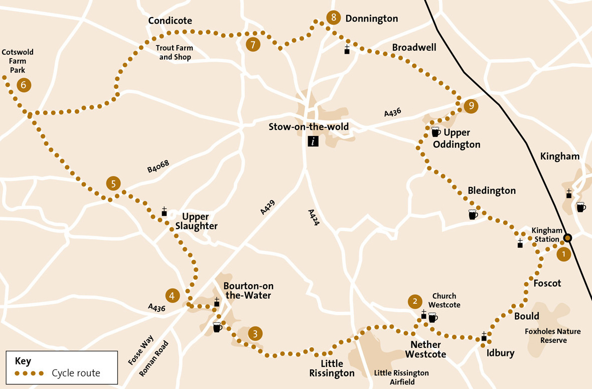 Map for the Bourton, Bulls & Beer cycle route