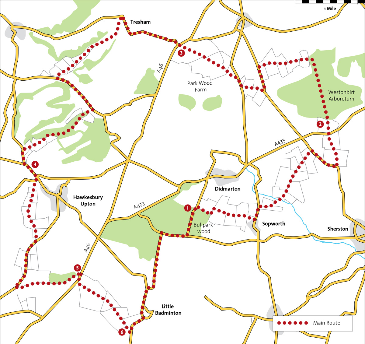Map for the Hawkesbury via Westonbirt cycle route
