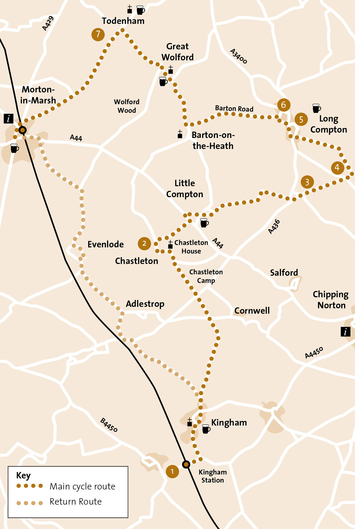 Map for the Moreton-in-Marsh and the Rollright Stones cycle route