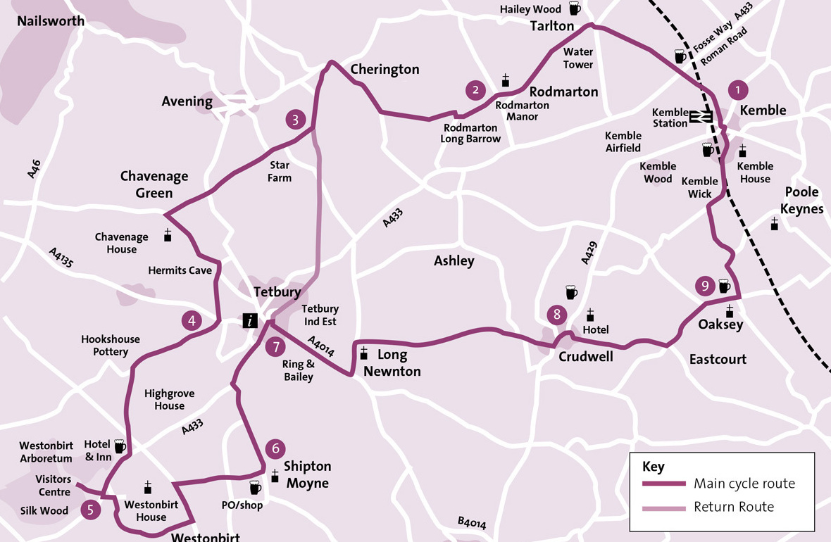 Map for the Tetbury & Westonbirt cycle route