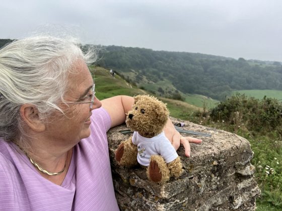 Linda Somers and Miles the teddy bear