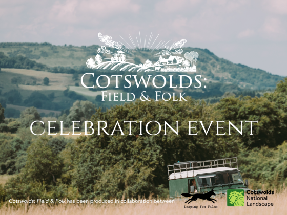 Image is a background photo of a Cotswolds landscape view with text which reads: 'Celebration Event'